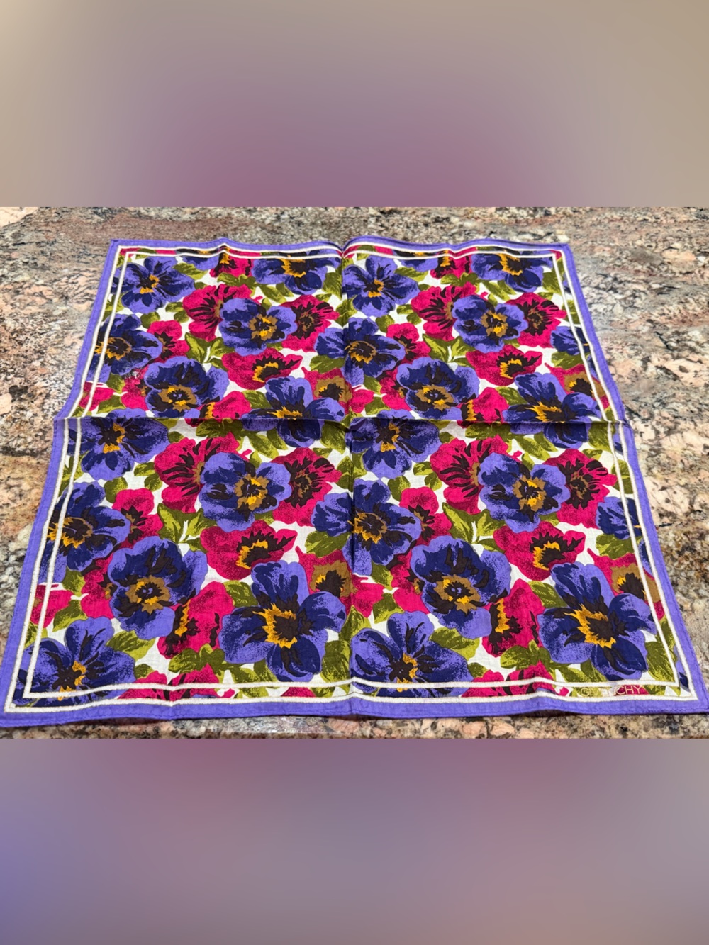 Givenchy Floral Cotton Handkerchief— Purple & Fuchsia Flowers